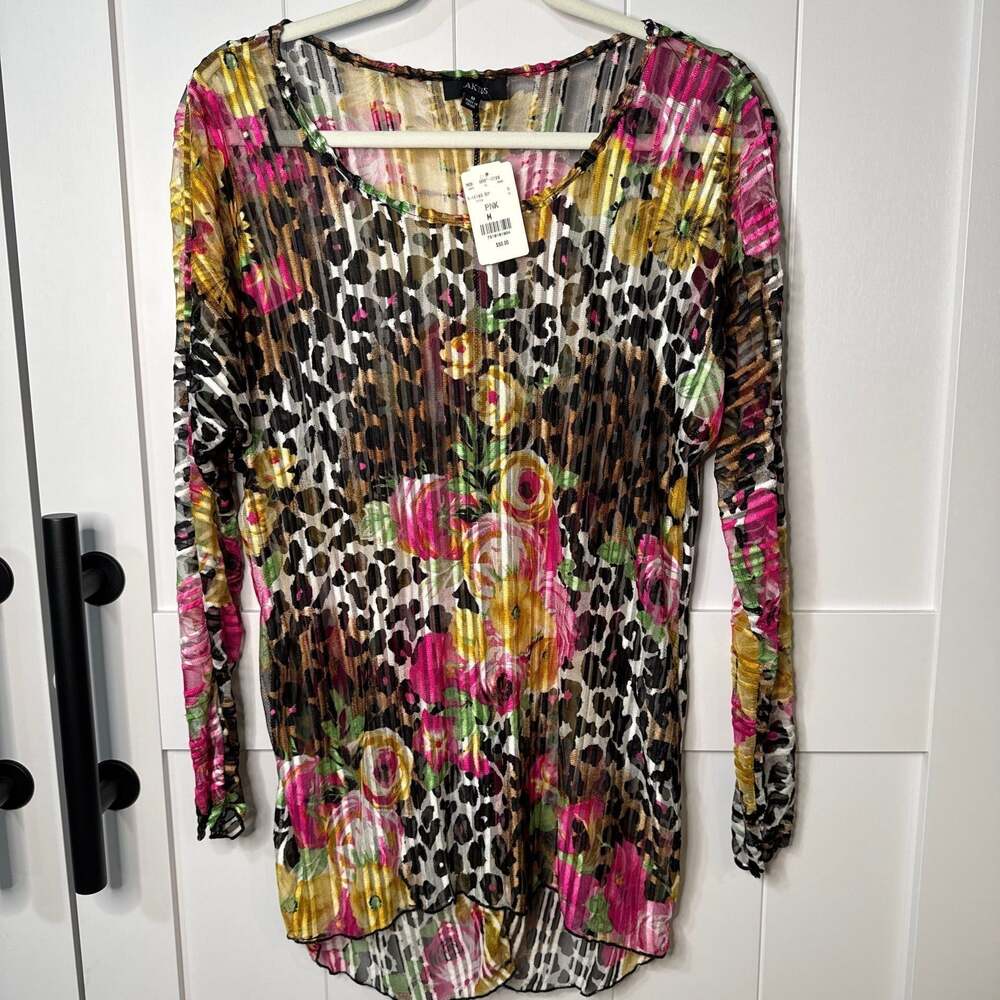 Kaktus New with Tags Leopard & Floral Sheer Mesh Pleated Top, Size M